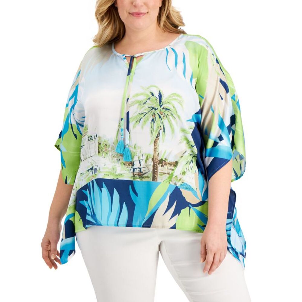 JM Collection Plus Size Tropical Print Poncho